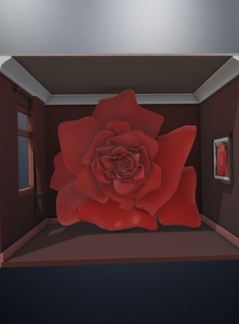 Interprétation 3D de la toile de Magritte, le tombeau des lutteurs, représentant une rose géante au sein d'un salon. Visible en réalité augmentée dans BavAR[t]!